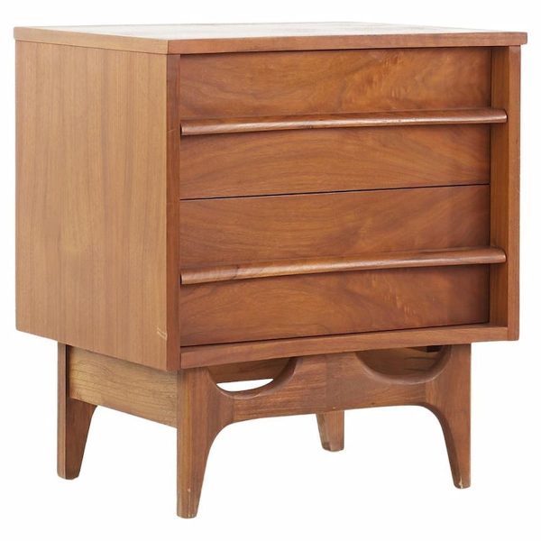 young manufacturing mid century walnut curved nightstand