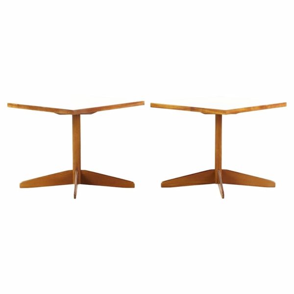 edward wormley style mid century walnut and white laminate end tables - pair