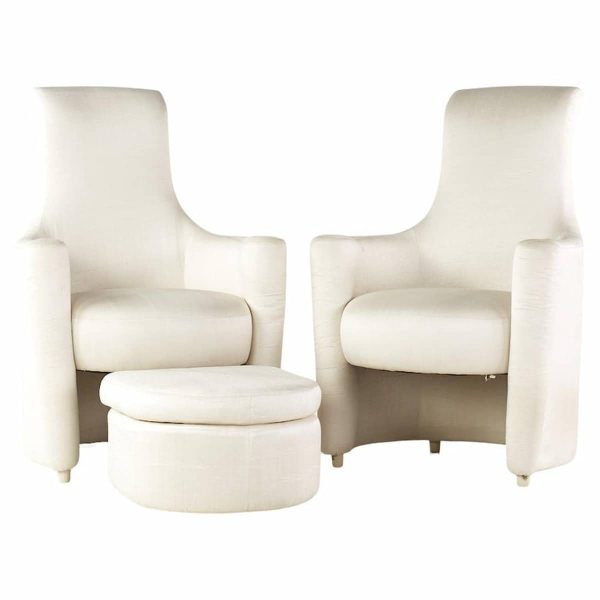 weiman mid century high back occasional lounge chairs with ottoman - pair