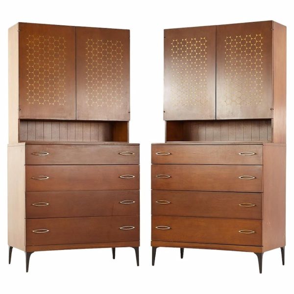 Heywood Wakefield Contessa Mid Century 4 Drawer Cabinet with Hutch - Pair