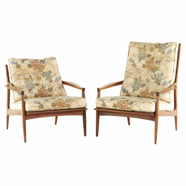 milo baughman for thayer coggin mid century his and hers archie walnut lounge chairs - pair