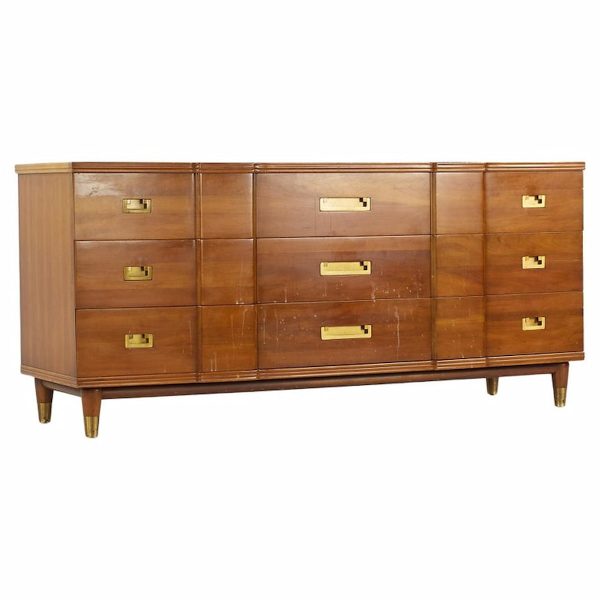 john widdicomb mid century walnut and brass 9 drawer lowboy dresser