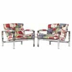 Milo Baughman Style Mid Century Chrome Flatbar Lounge Chairs - Pair