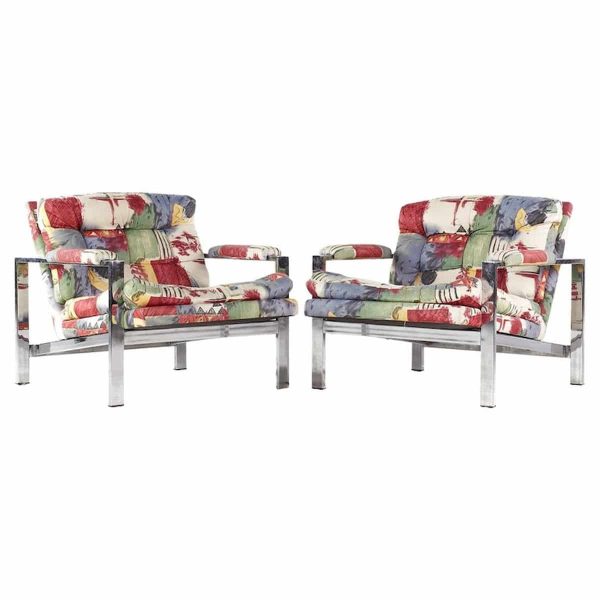 milo baughman style mid century chrome flatbar lounge chairs - pair