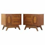 young manufacturing mid century walnut and burlwood nightstands - pair