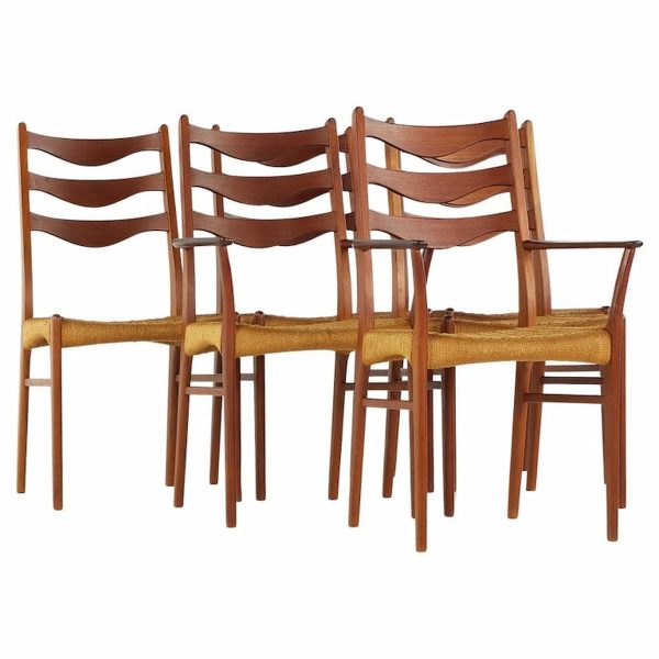 arne wahl iversen gs90 mid century danish teak dining chairs with rope seats - set of 6