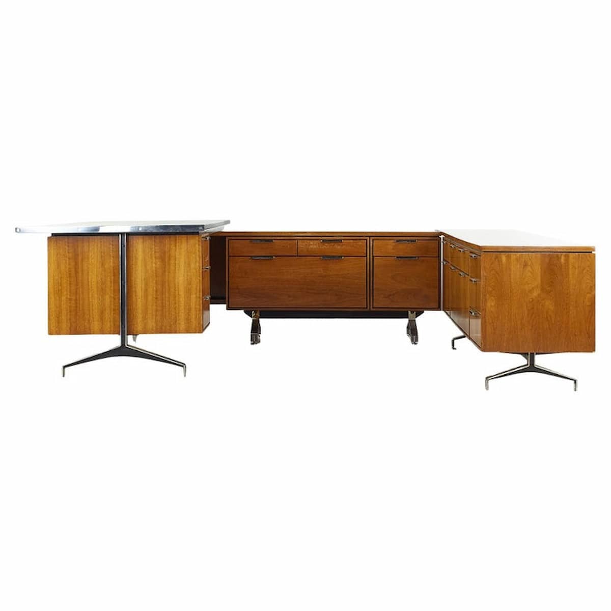 Imperial Desk Company Mid Century Walnut U-shaped Desk with Chrome Handles