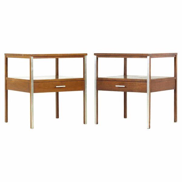 paul mccobb for calvin linear mid century walnut and stainless steel side table - pair
