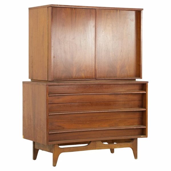 young manufacturing mid century walnut curved front highboy dresser