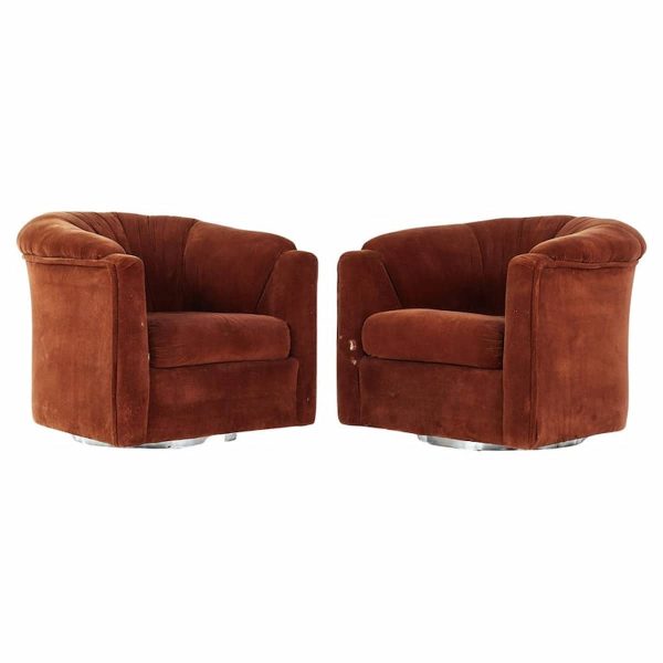 milo baughman style founders mid century chrome base swivel chairs - pair