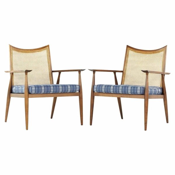 Paul Mccobb for Winchendon Mid Century Cane and Walnut Lounge Chairs - Pair
