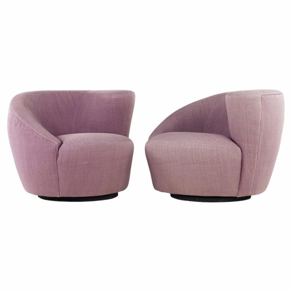 vladimir kagan style mid century nautilus purple swivel lounge chairs - pair