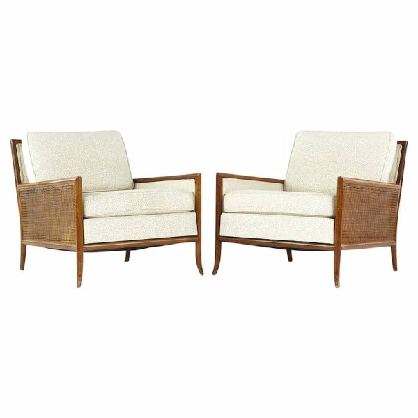 t.h. robsjohn gibbings mid century cane sided lounge chairs - pair