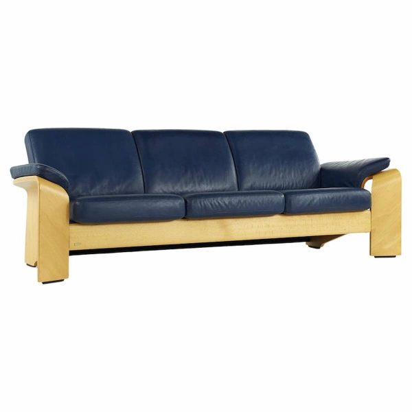 ekornes mid century blue leather sofa
