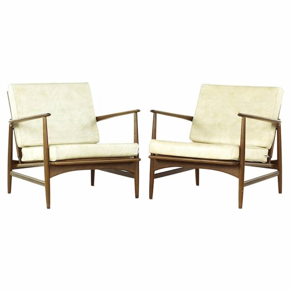 kofod larsen for selig mid century walnut lounge chairs - pair