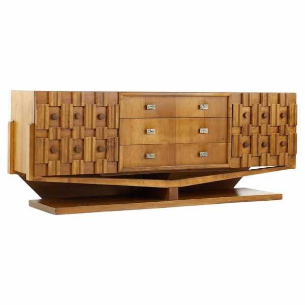 paul evans style mid century canadian brutalist walnut 9 drawer pedestal lowboy dresser