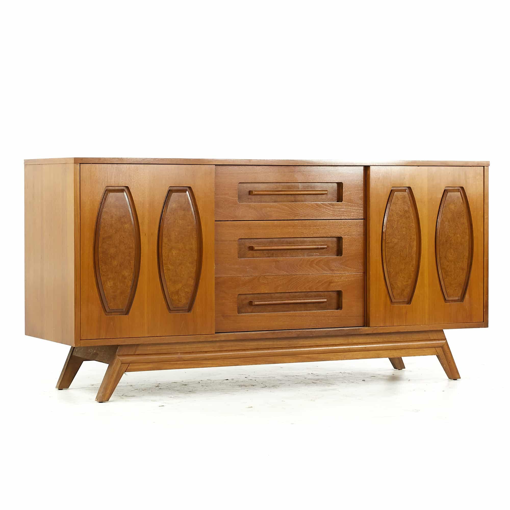 Young Manufacturing Mid Century Walnut and Burlwood Credenza