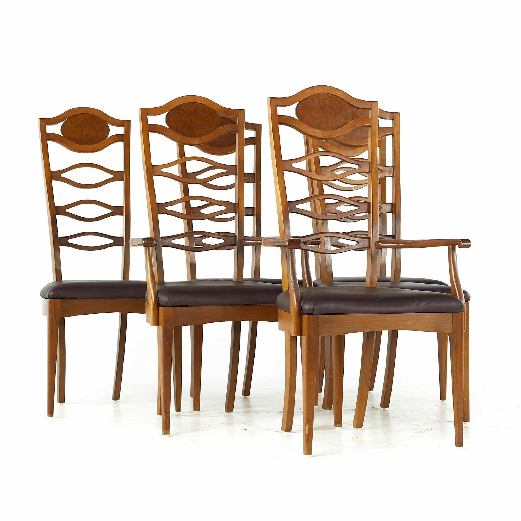 Young Manufacturing Mid Century Walnut and Burlwood Dining Chairs - Set of 6