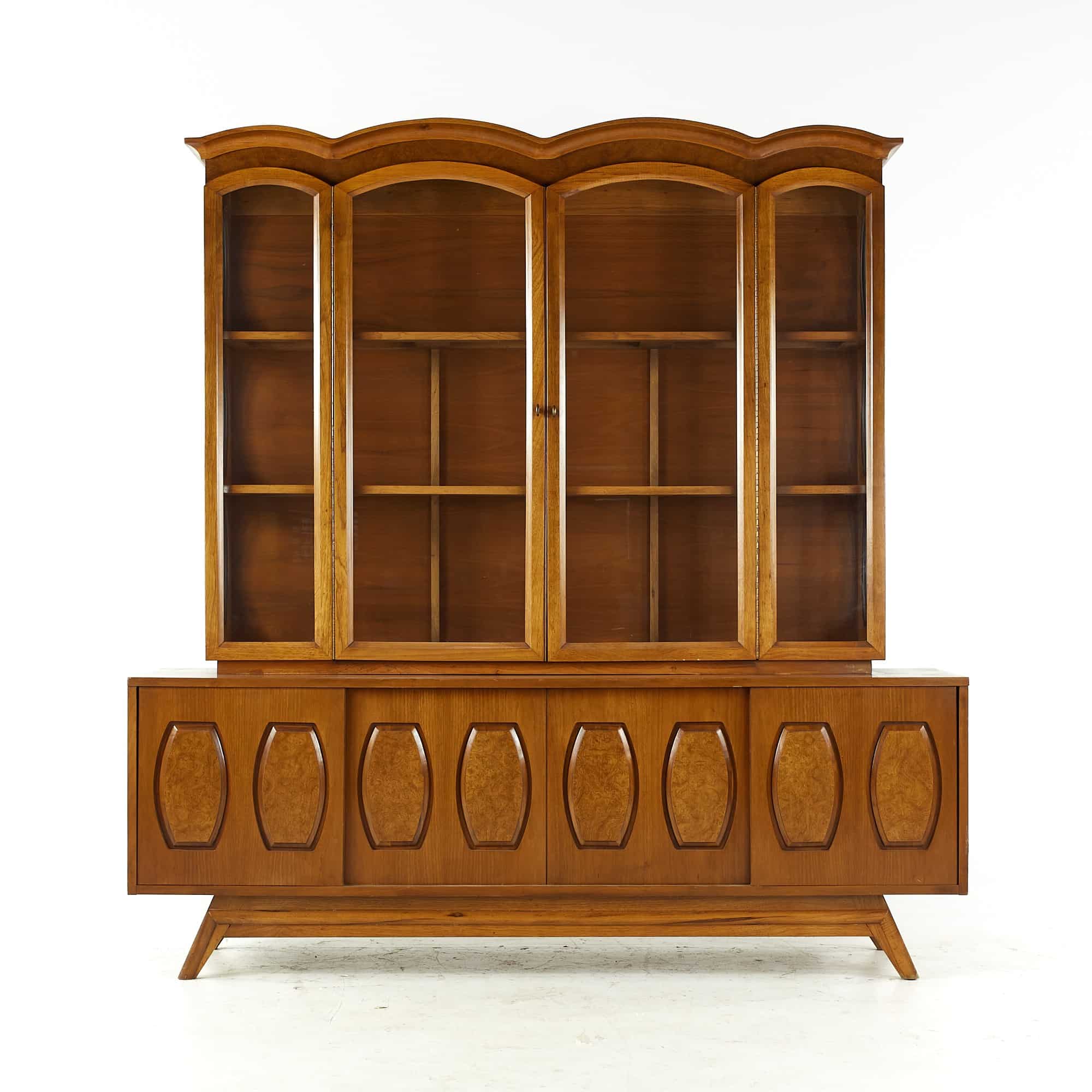 Young Manufacturing Mid Century Walnut and Burlwood Buffet and Hutch