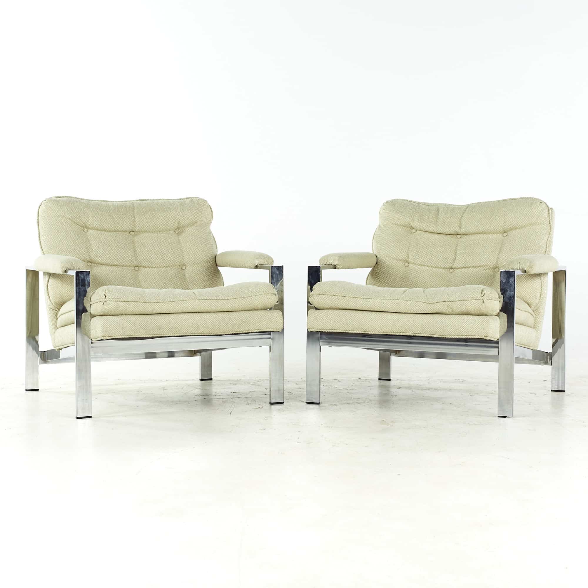 Milo Baughman Style Mid Century Italian Flatbar Lounge Chairs - Pair