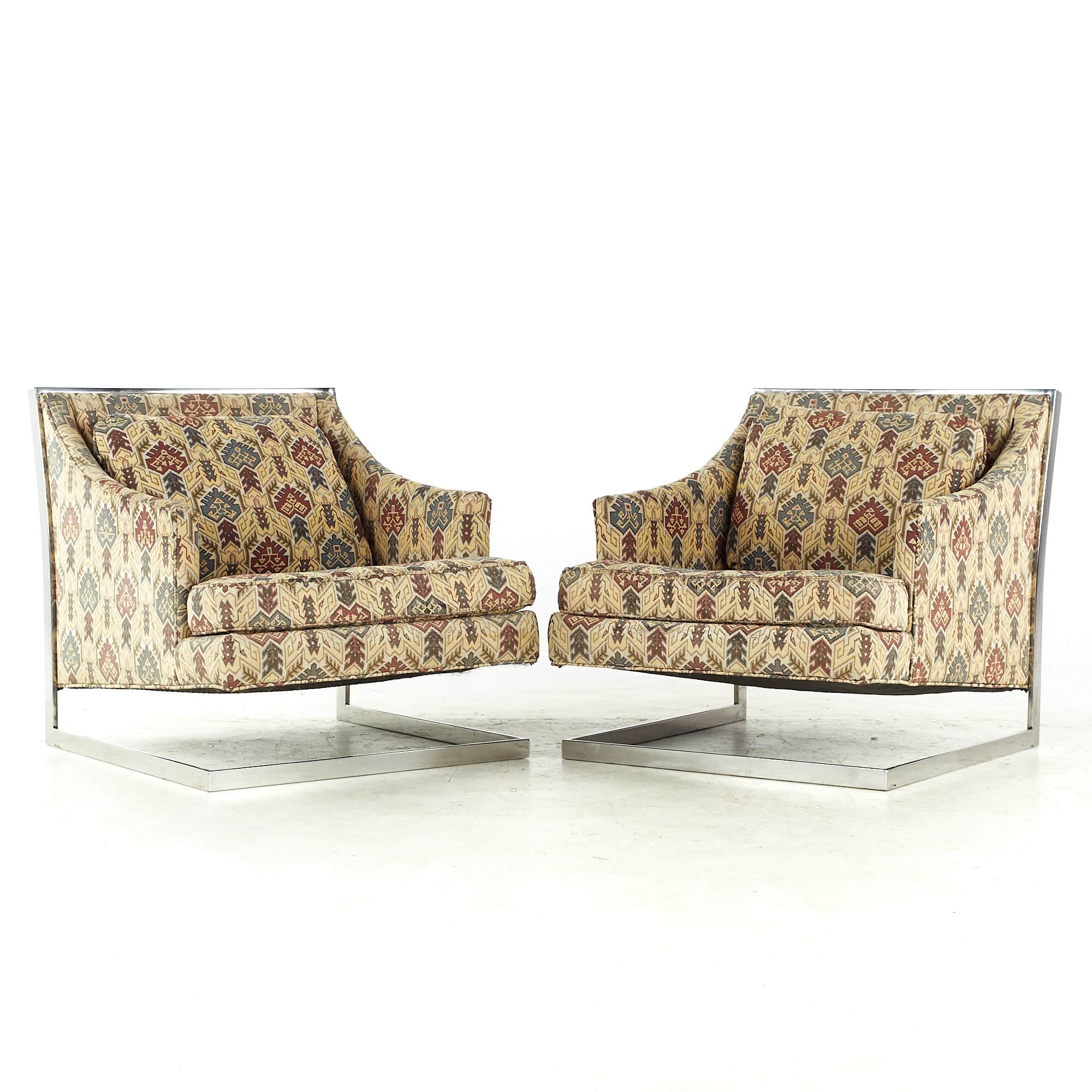 Milo Baughman Style Mid Century Chrome Cantilever Lounge Chairs - Pair