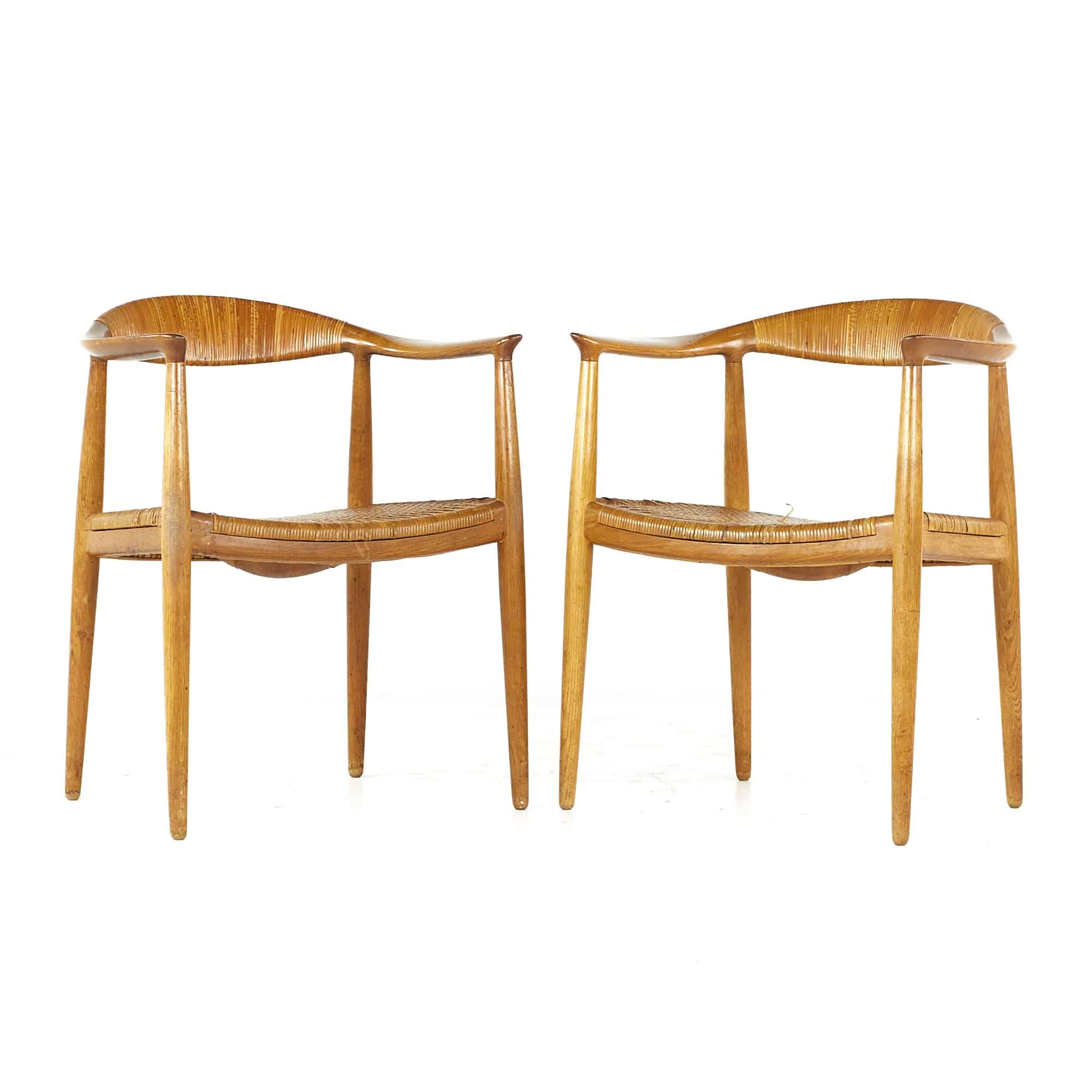 Hans Wegner Mid Century Presidential Teak and Cane Dining Chairs - Pair