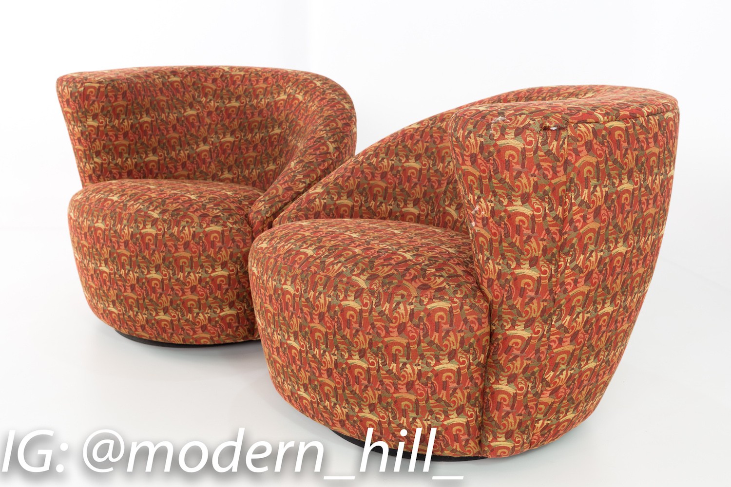 Vladimir Kagan Mid Century Nautilus Swivel Barrel Lounge Chairs - Matching Pair