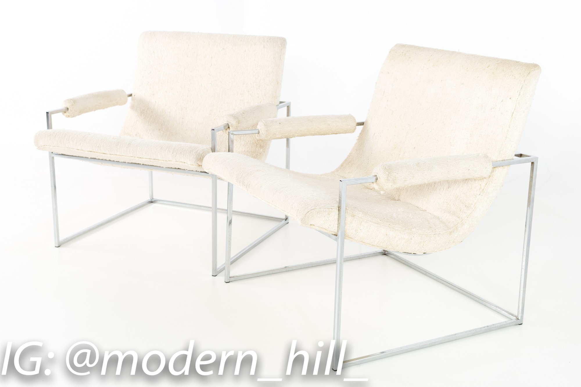 Milo Baughman Thin Line Mid Century Chrome Scoop Lounge Chairs with Knubby Wool