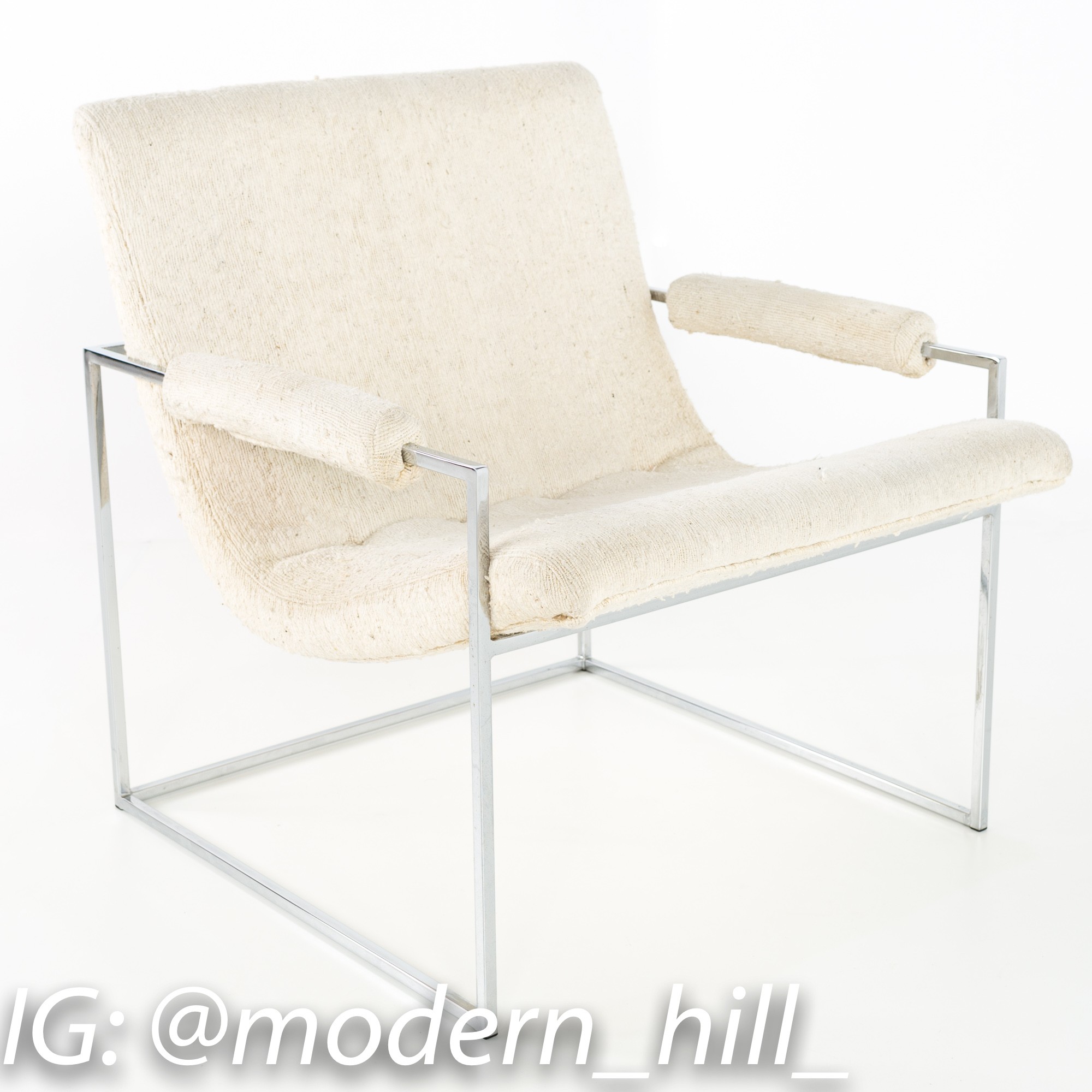 Milo Baughman Thin Line Mid Century Chrome Scoop Lounge Chairs with Knubby Wool
