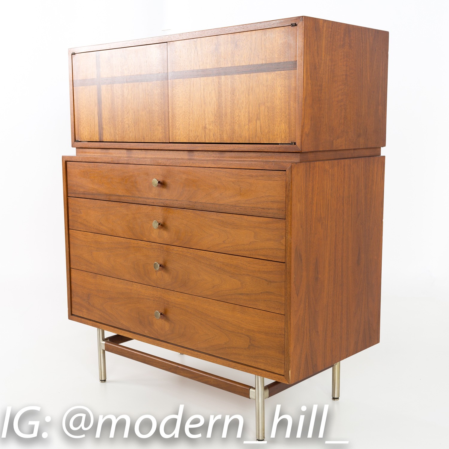 Kroehler Signature Line Walnut Rosewood and Metal 8 Drawer Mid Century Highboy Dresser