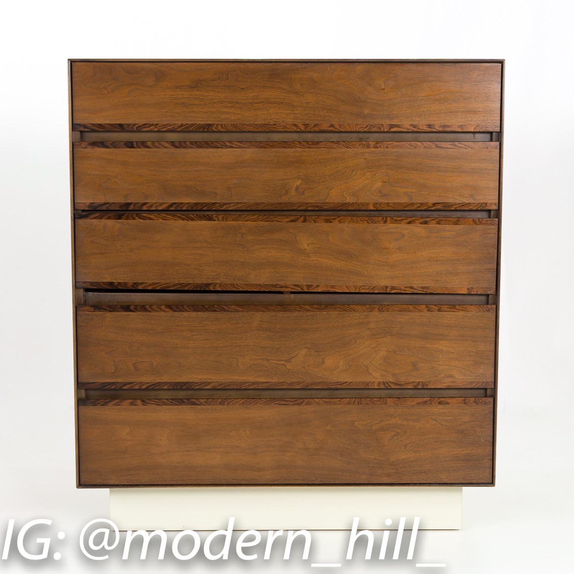 H Paul Browning for Stanley Furniture Walnut and Rosewood Thin Edge Platform 5 Drawer Mid Century Highboy Dresser