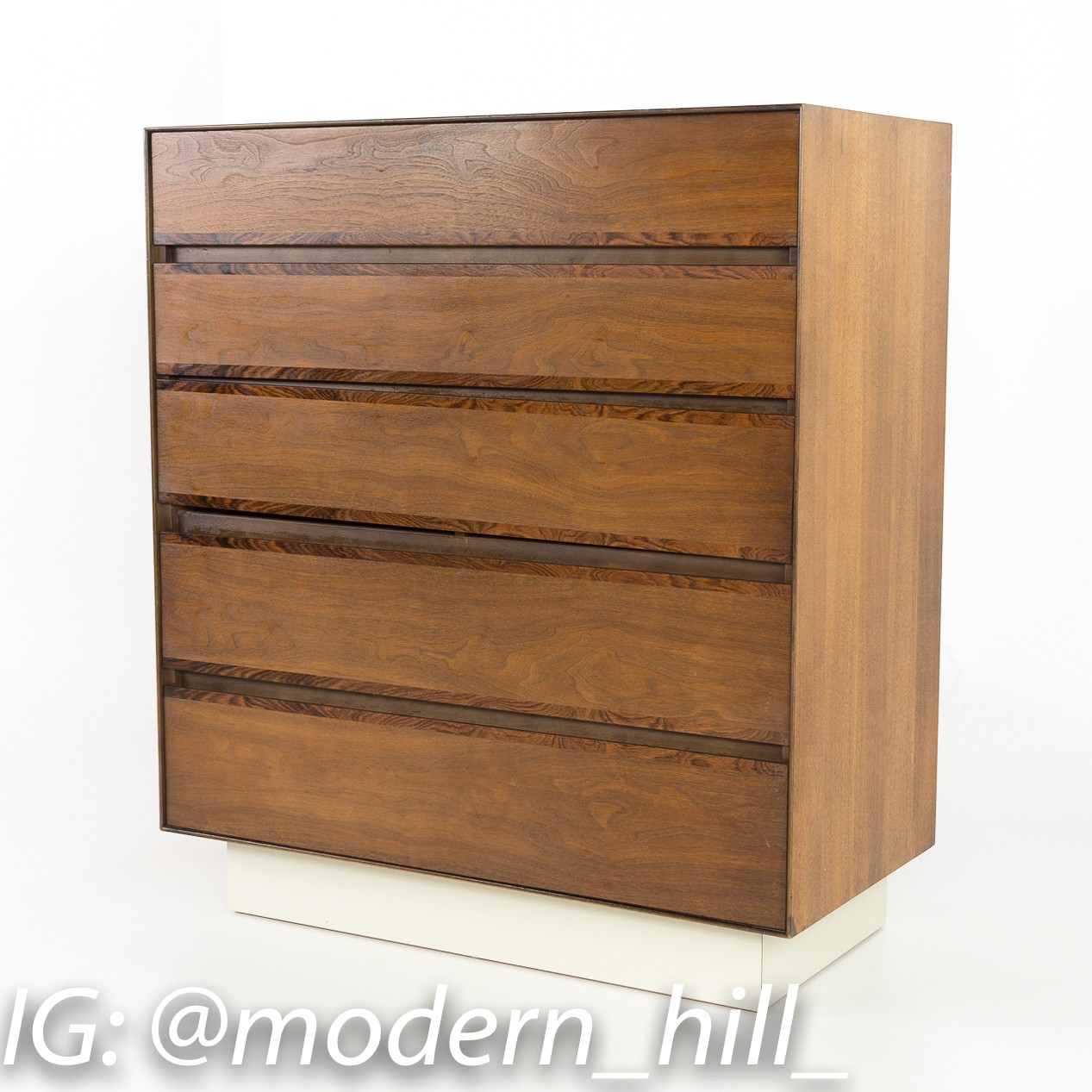 H Paul Browning for Stanley Furniture Walnut and Rosewood Thin Edge Platform 5 Drawer Mid Century Highboy Dresser