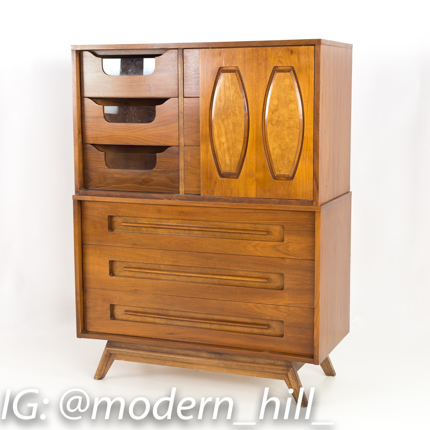 Young Manufacturing 2 Piece Mid Century Walnut Highboy Dresser Chest of Drawers