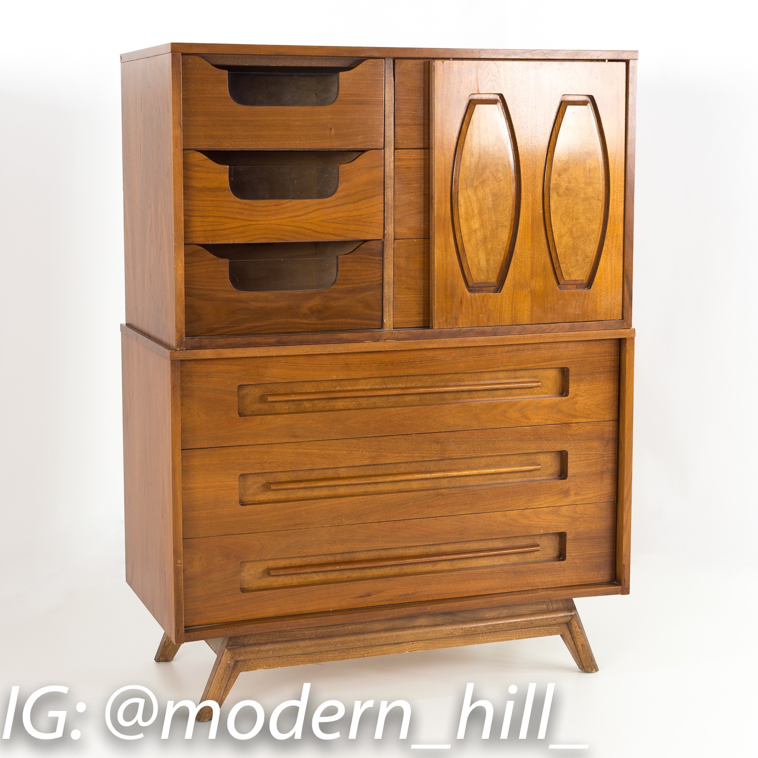 Young Manufacturing 2 Piece Mid Century Walnut Highboy Dresser Chest of Drawers