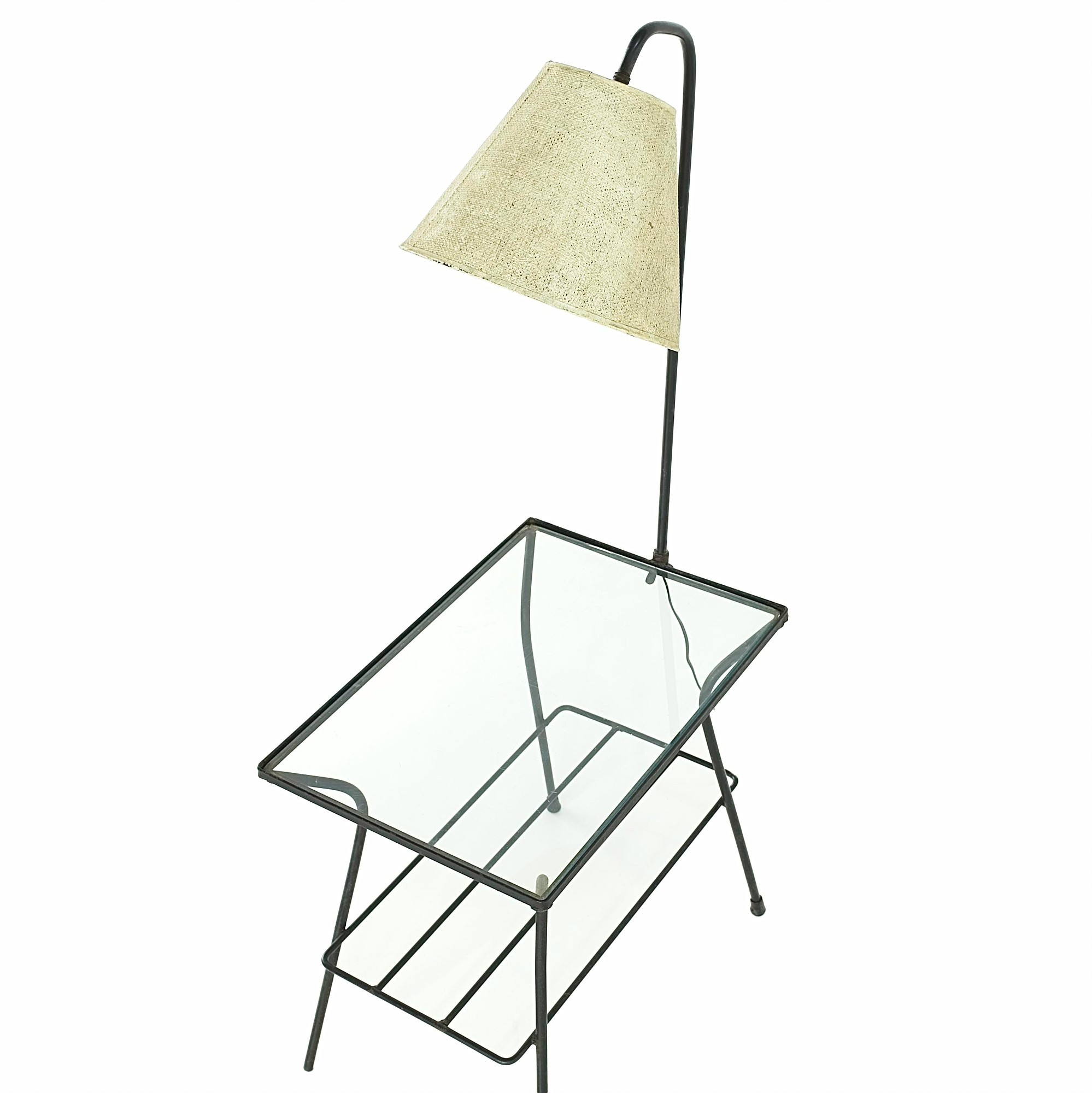 Paul McCobb George Nelson Style Mid Century Iron and Glass Lighted Side End Table Lamp
