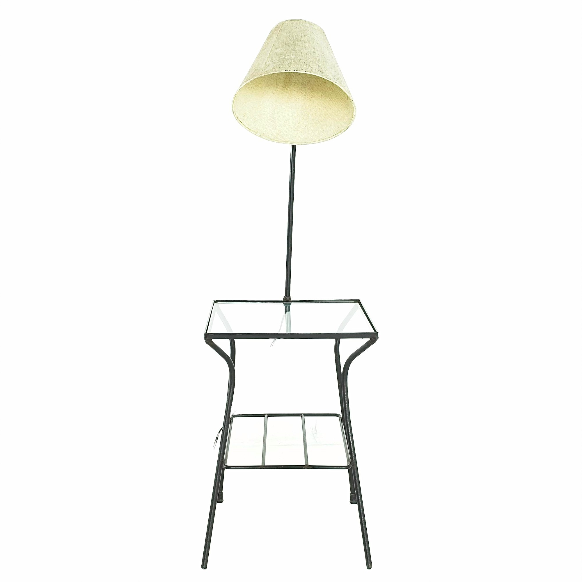 Paul McCobb George Nelson Style Mid Century Iron and Glass Lighted Side End Table Lamp