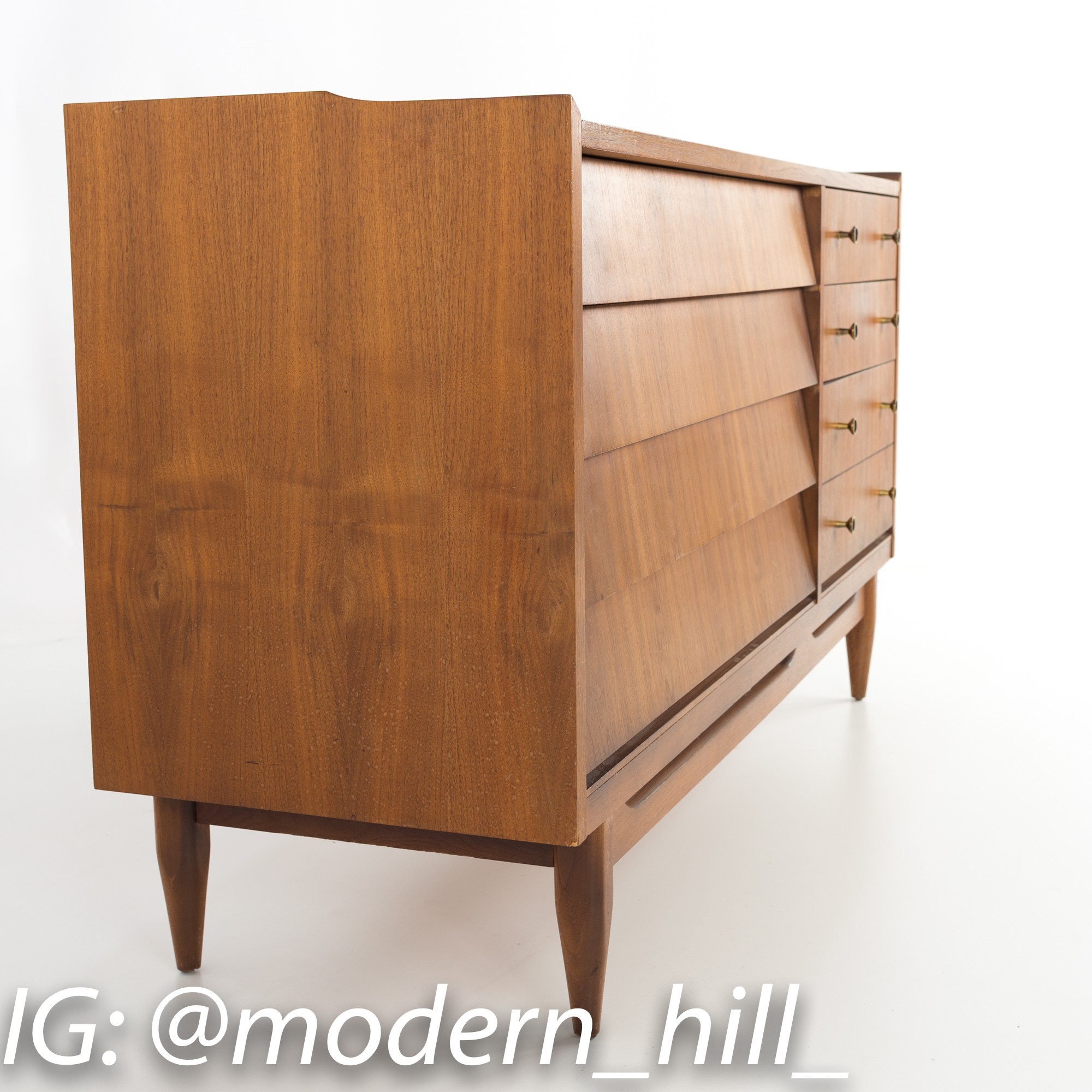 Merton Gershun Style Mid Century Walnut 7 Drawer Lowboy Dresser Chest of Drawers