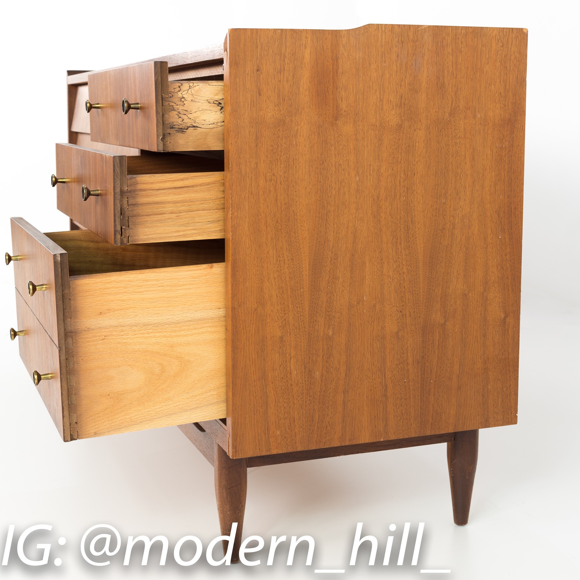Merton Gershun Style Mid Century Walnut 7 Drawer Lowboy Dresser Chest of Drawers