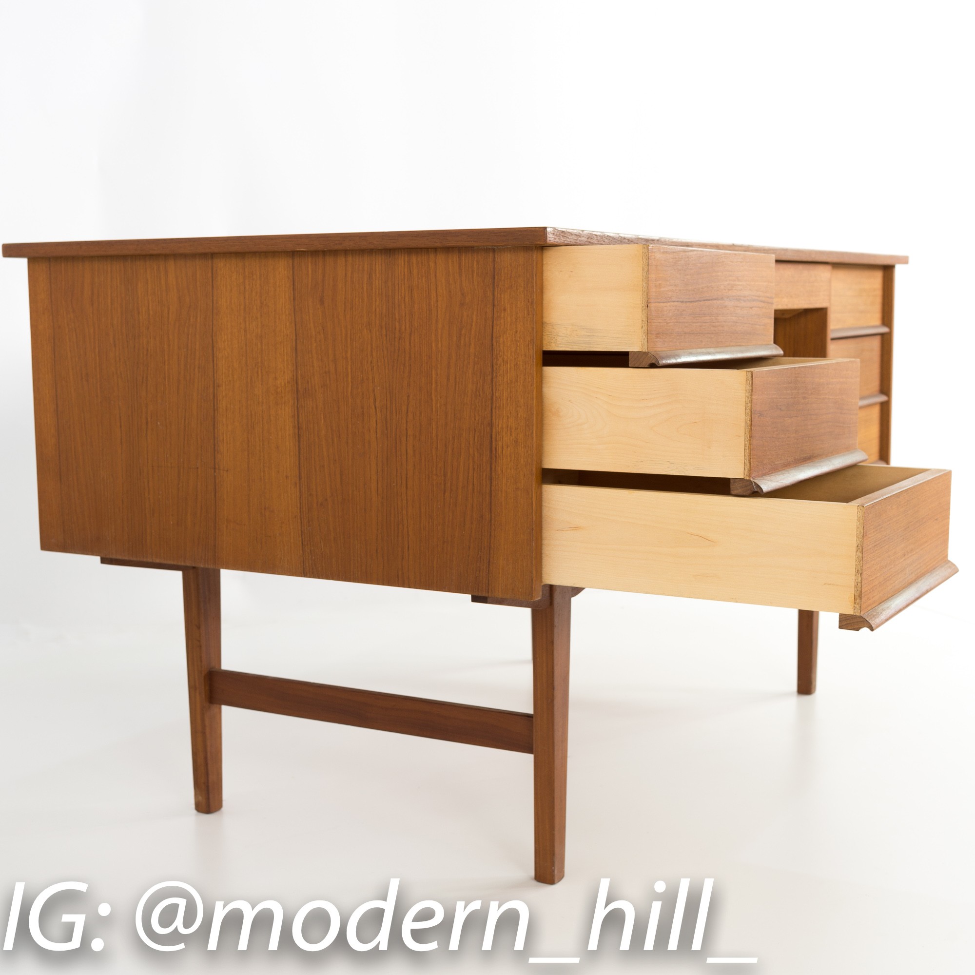 Mid Century Modern Danish Teak Floating 2 Sided Executive Desk with Display Shelf