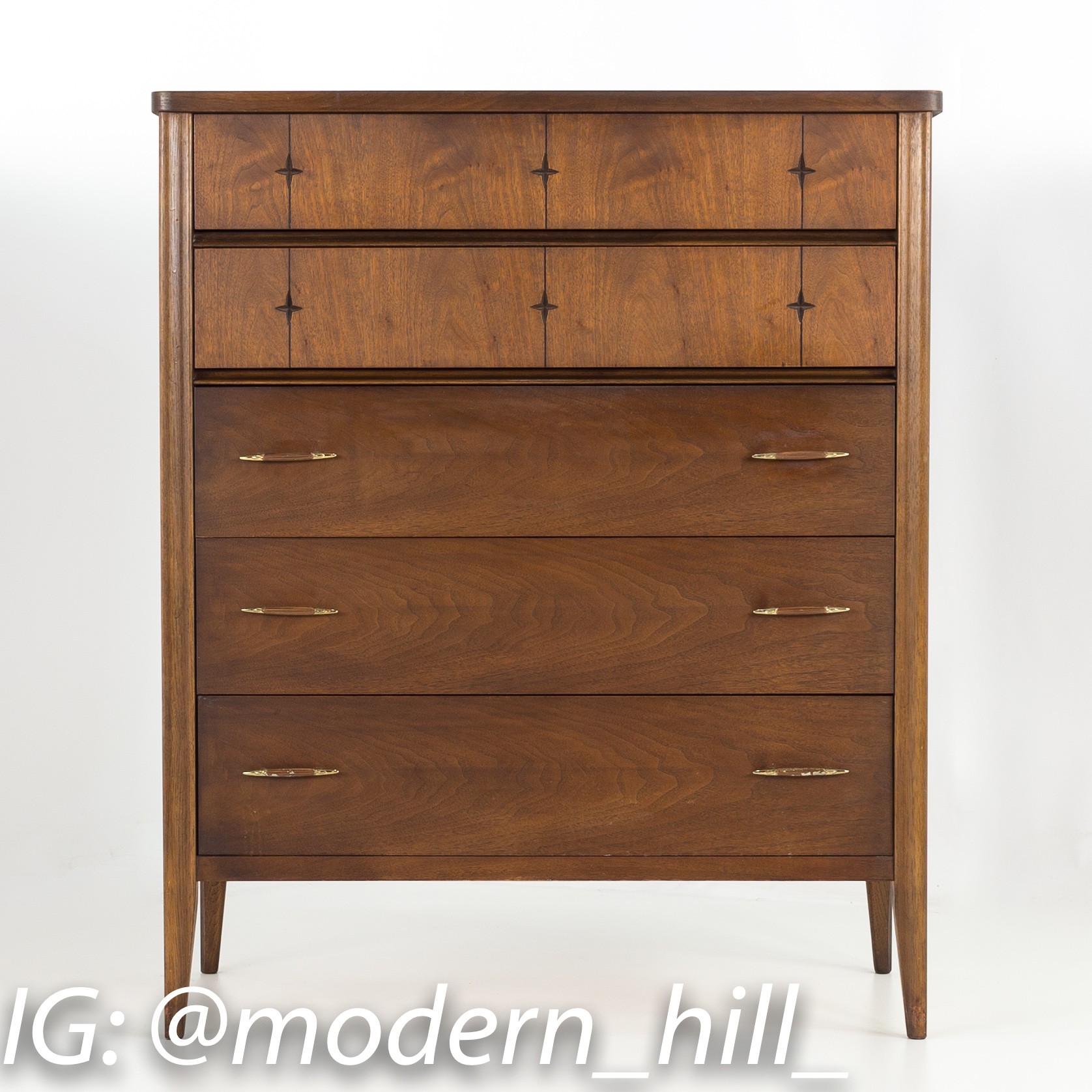 Broyhill Saga Mid Century Walnut 5 Drawer Highboy Dresser