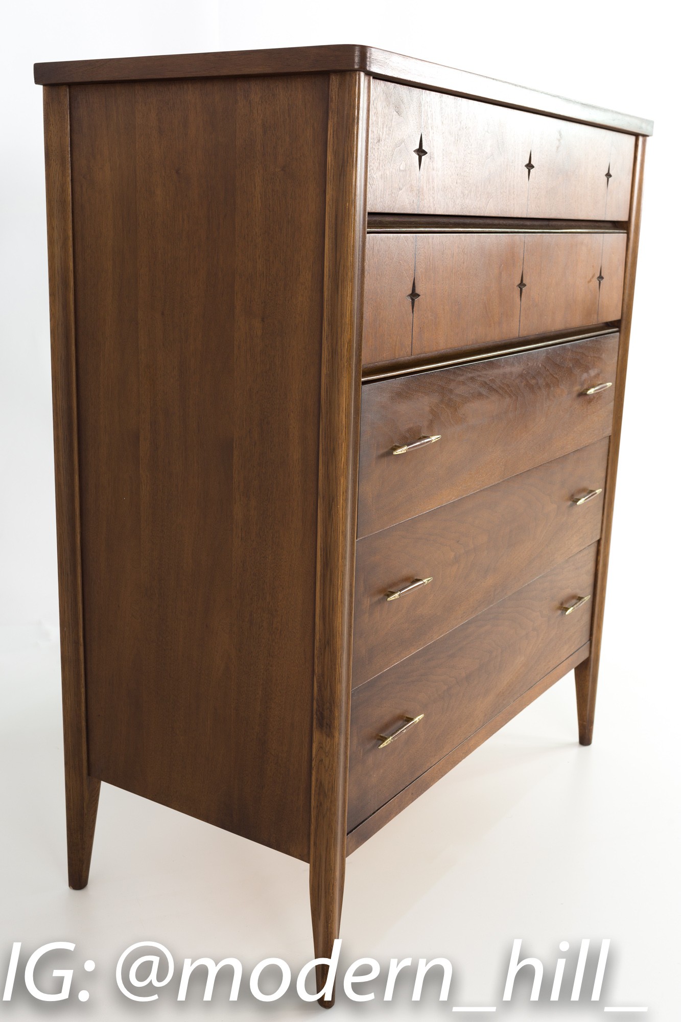 Broyhill Saga Mid Century Walnut 5 Drawer Highboy Dresser