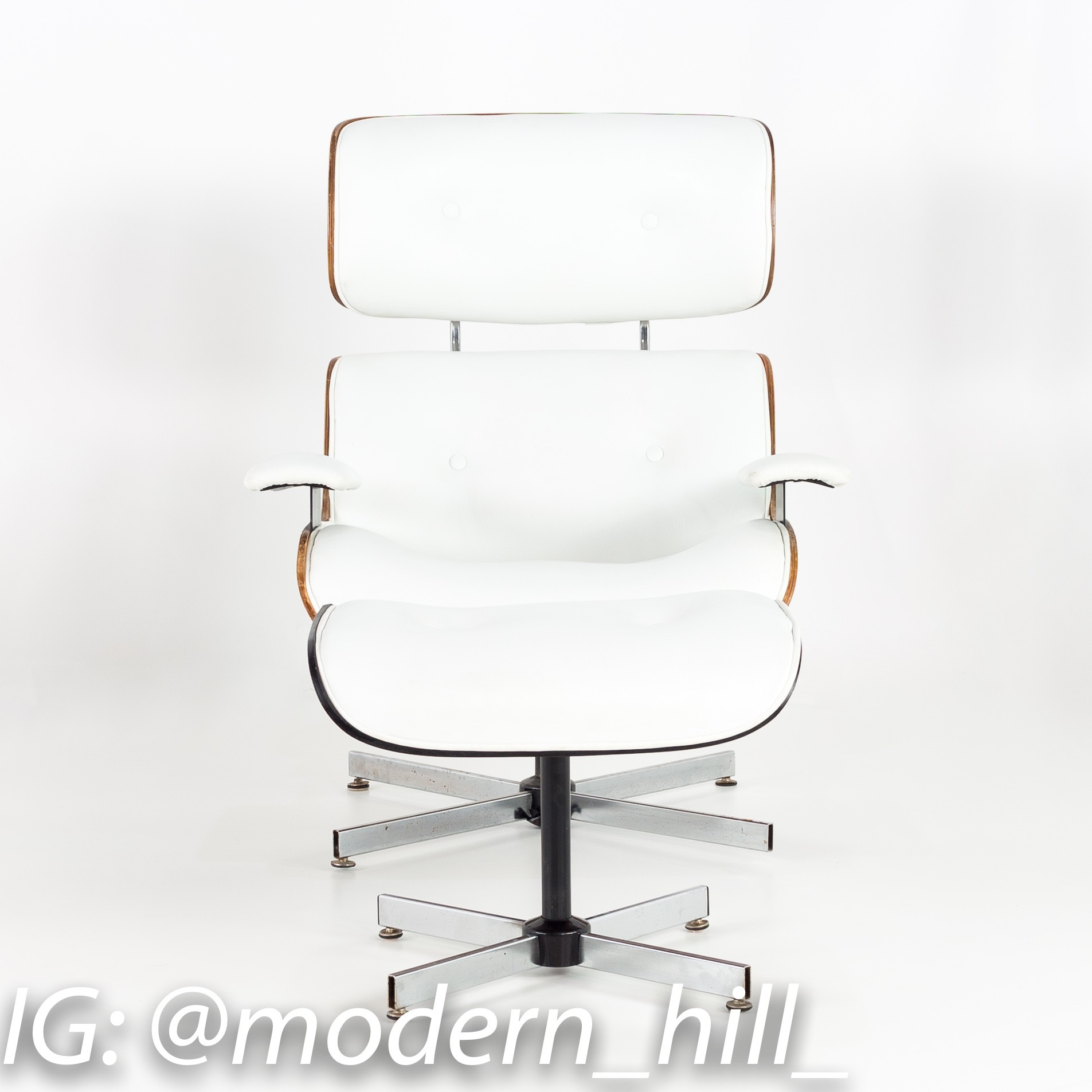 Eames Style Plycraft White Leather and Walnut Lounge Chair and Ottoman