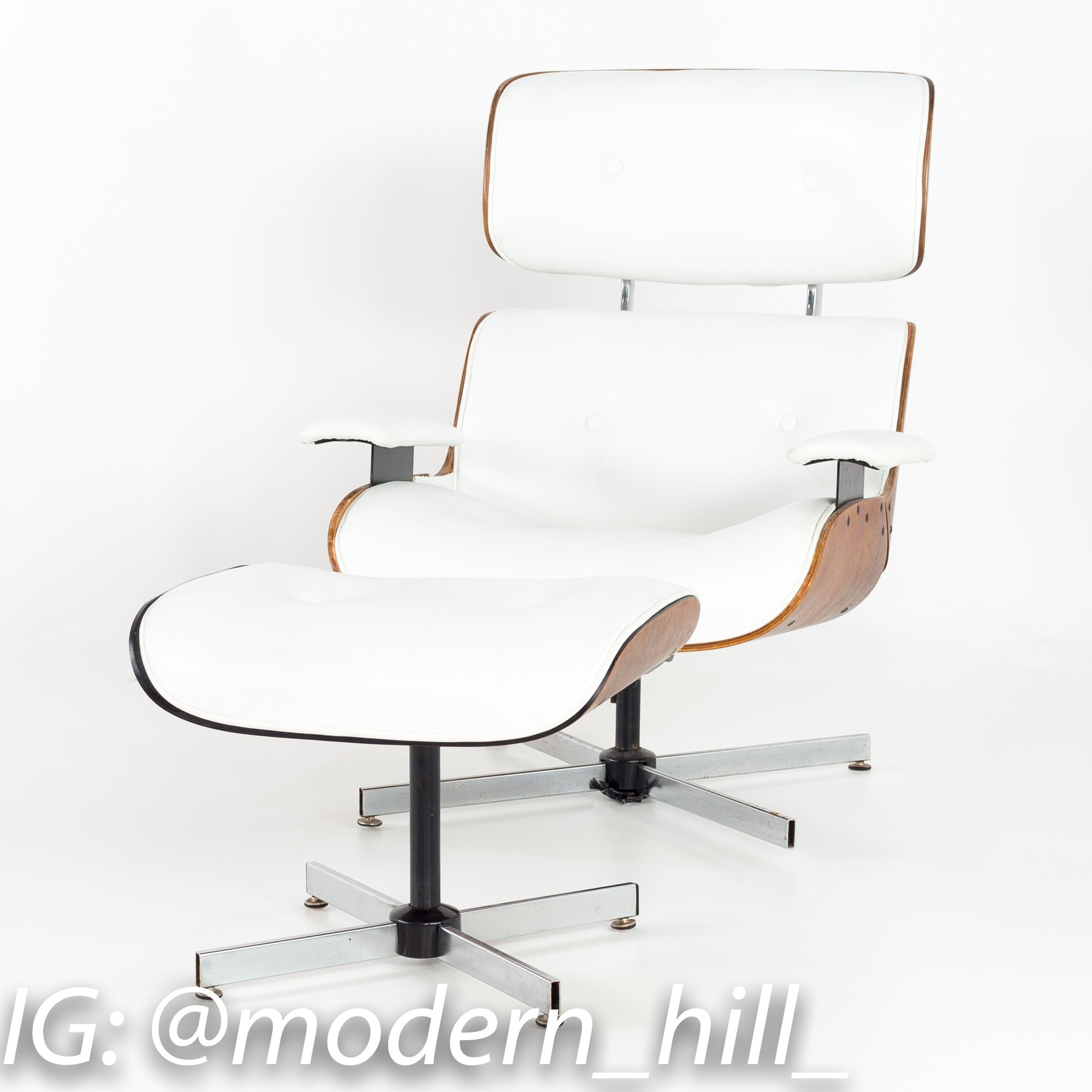 Eames Style Plycraft White Leather and Walnut Lounge Chair and Ottoman