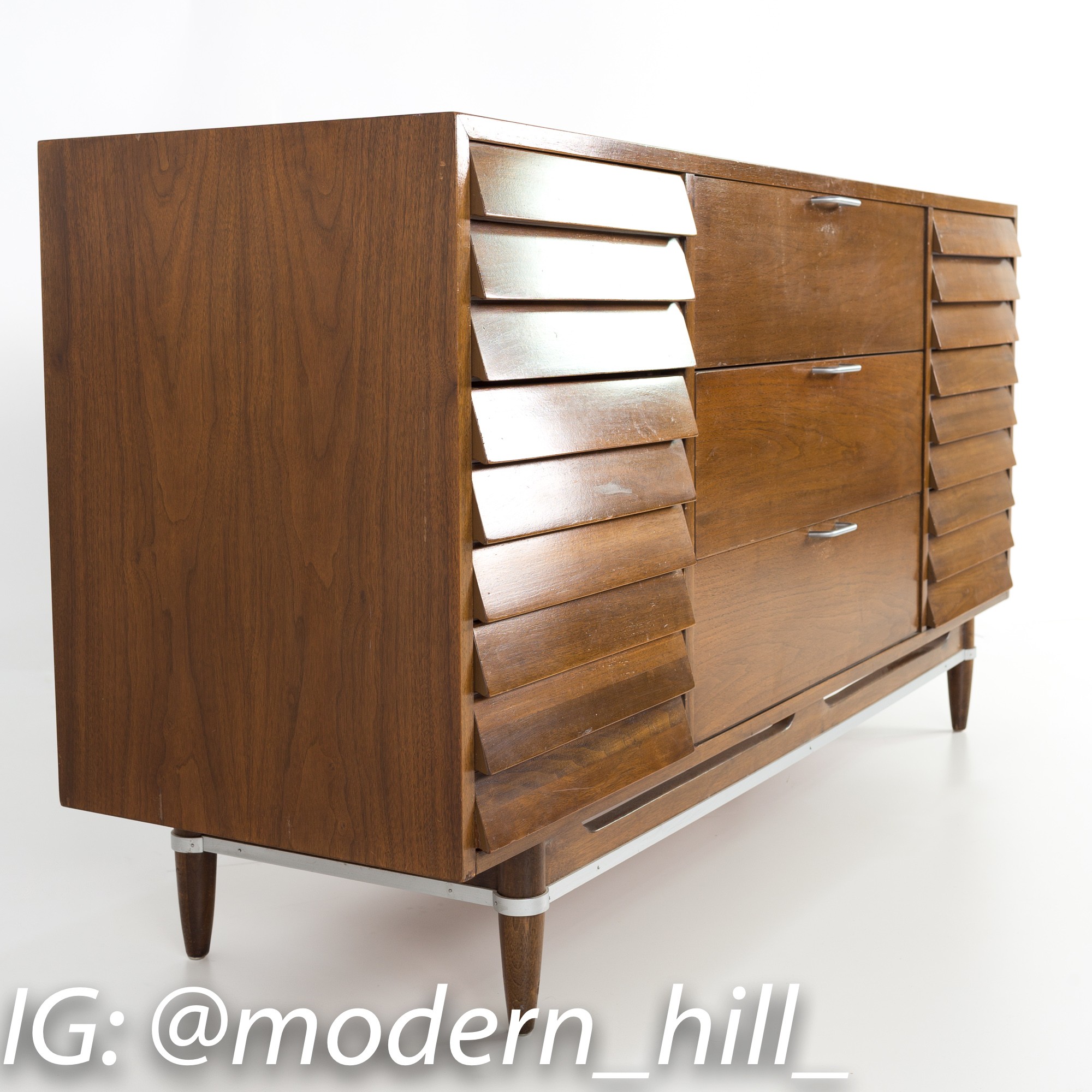 Merton Gershun for American of Martinsville Mid Century Walnut and Chrome 9 Drawer Lowboy Dresser