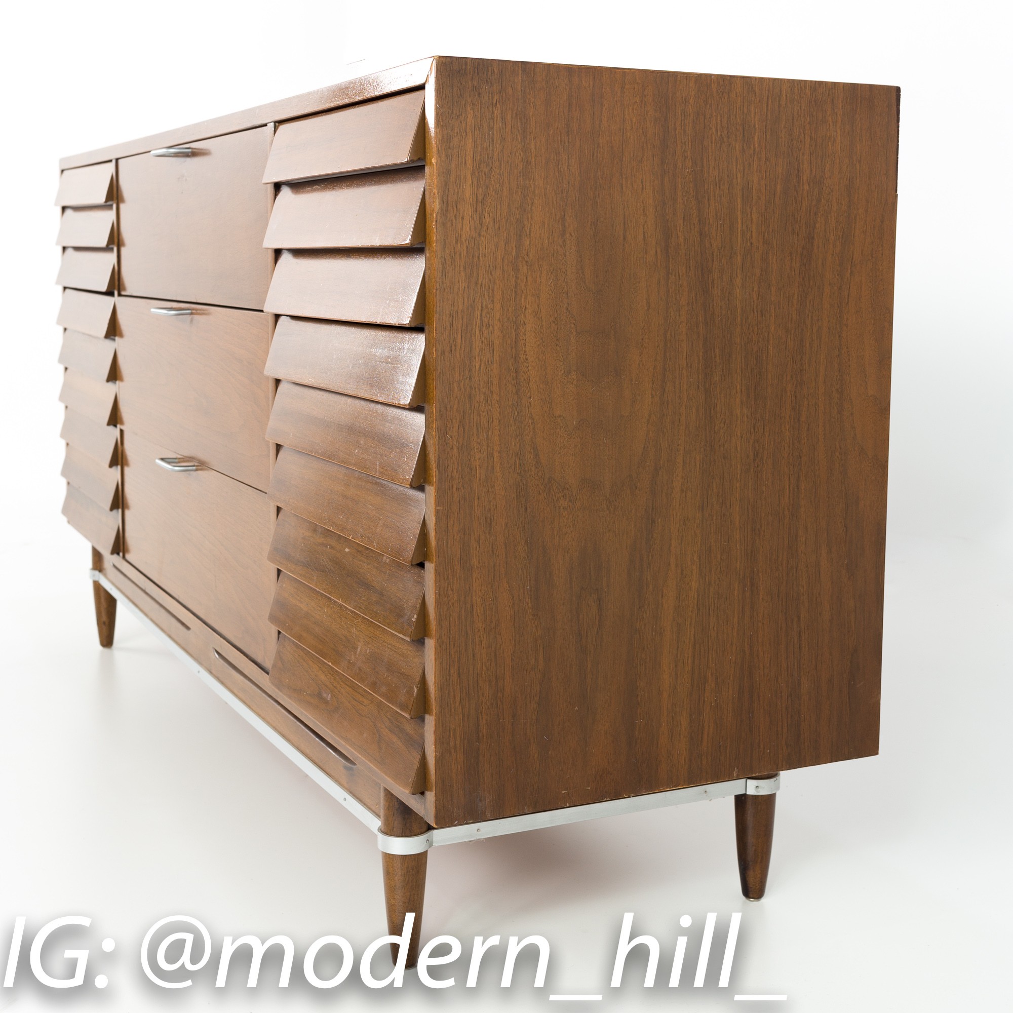 Merton Gershun for American of Martinsville Mid Century Walnut and Chrome 9 Drawer Lowboy Dresser