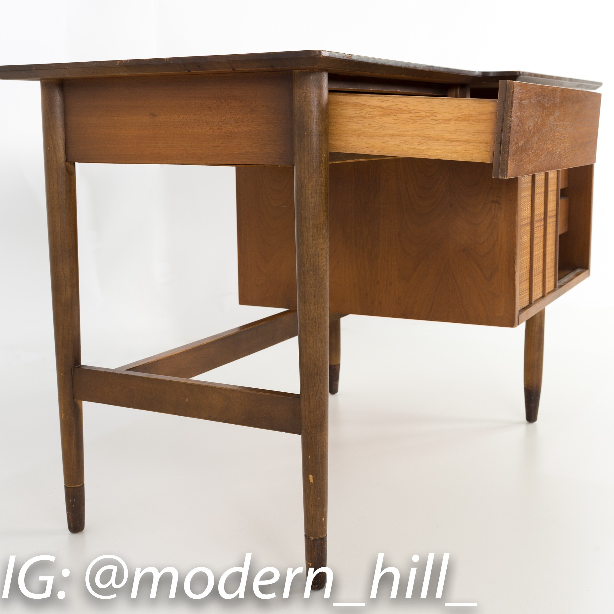 Mainline by Hooker Mid Century Single Sided Walnut and Rattan Floating Desk with Display Shelf
