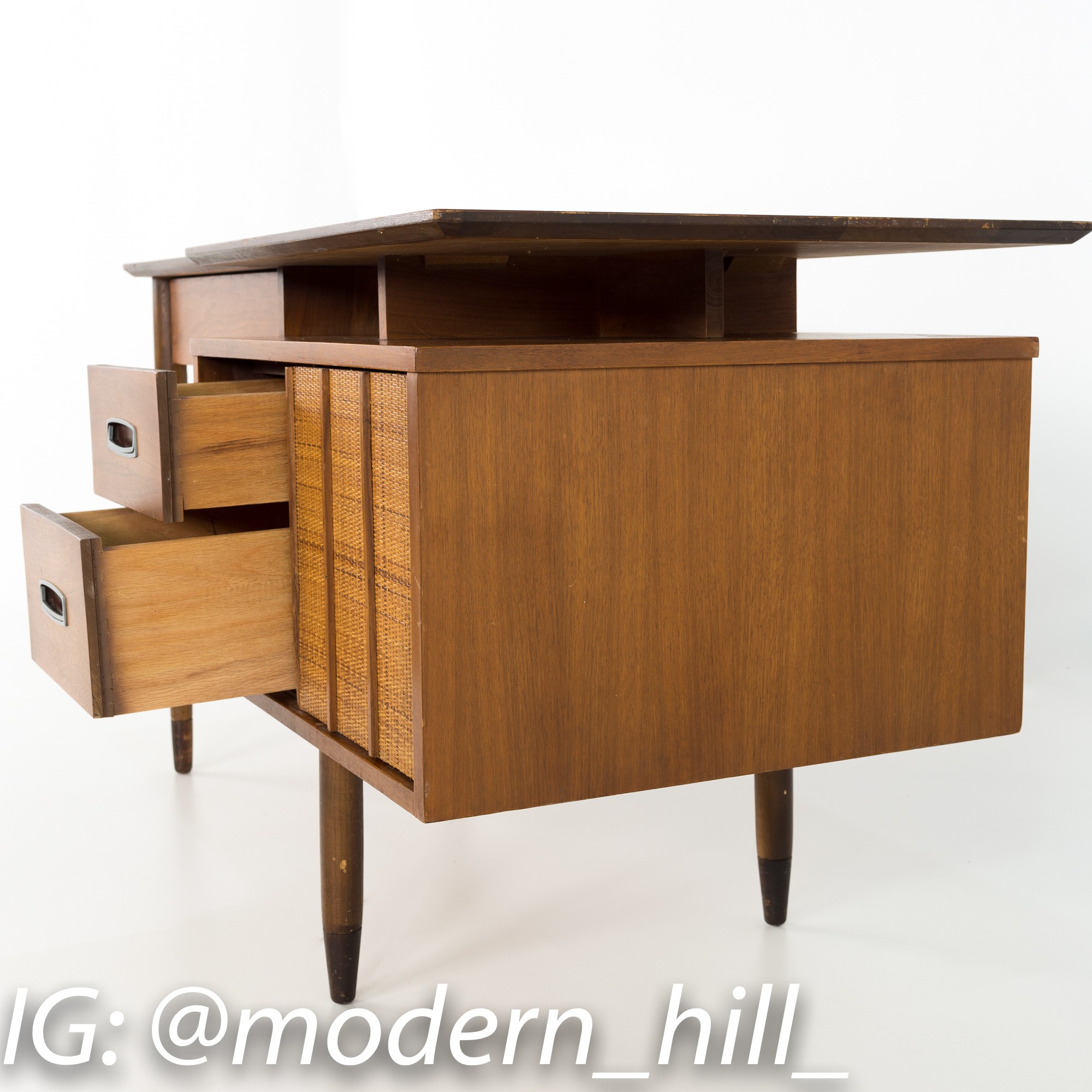 Mainline by Hooker Mid Century Single Sided Walnut and Rattan Floating Desk with Display Shelf