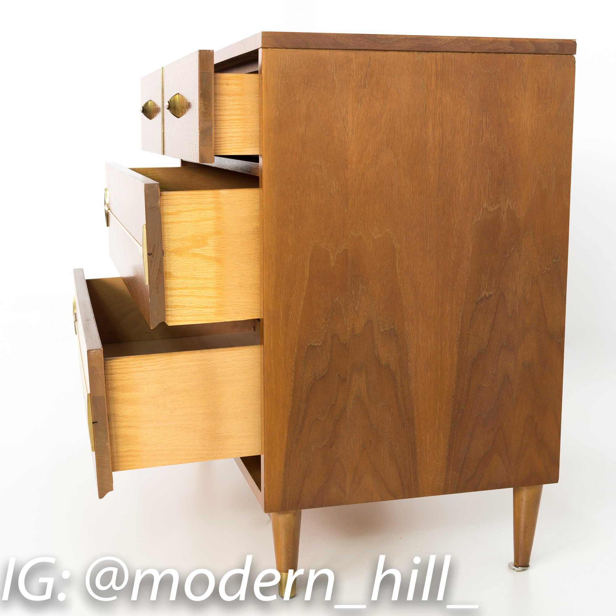 Kroehler Impression Mid Century Walnut and Brass Large Night Stands Chest of Drawers - Matching Pair