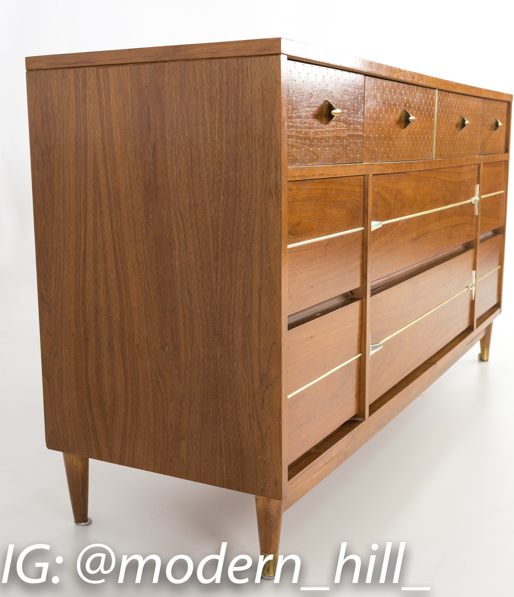 Kroehler Impression Mid Century Walnut and Brass 9 Drawer Lowboy Dresser Chest of Drawers