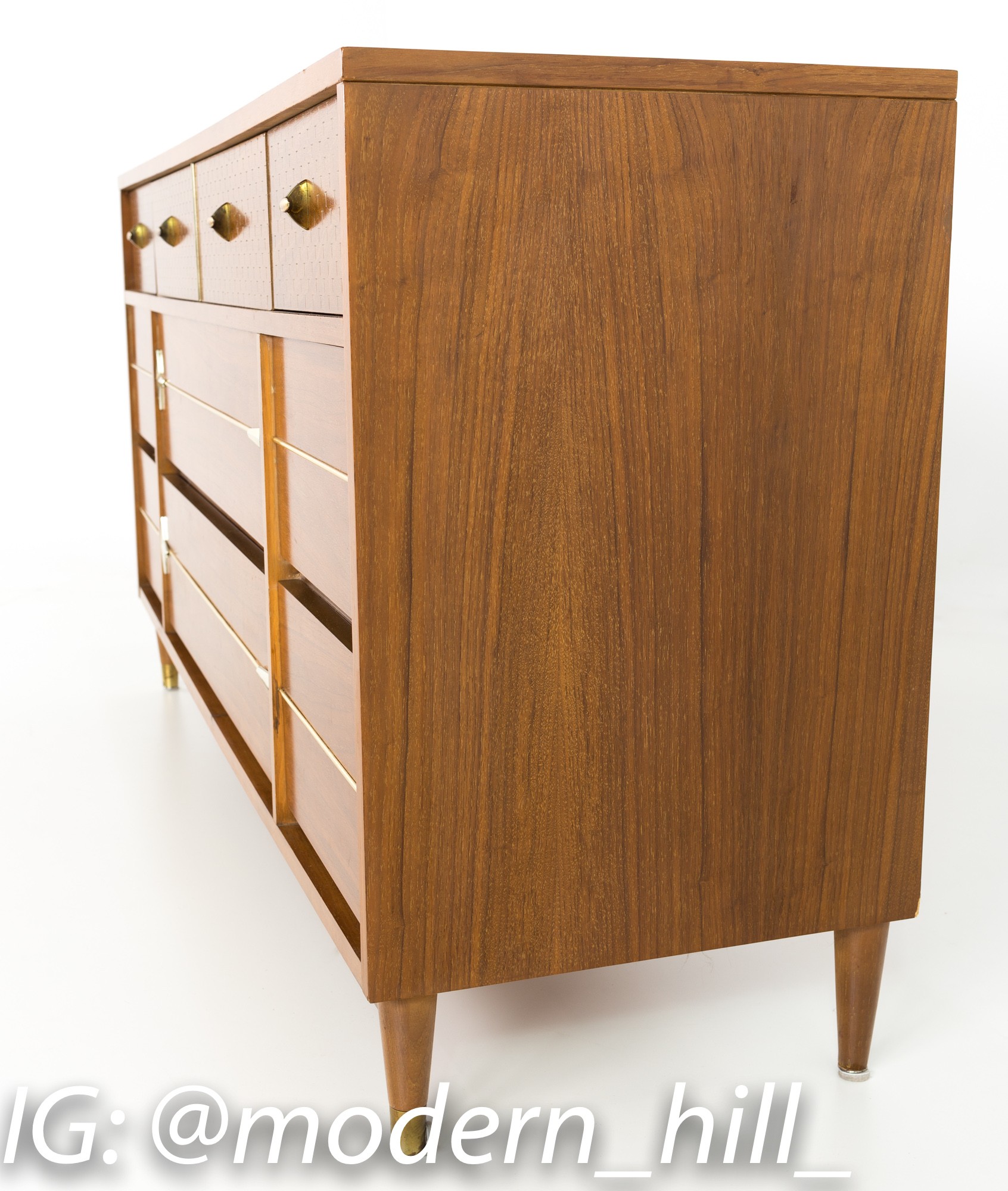 Kroehler Impression Mid Century Walnut and Brass 9 Drawer Lowboy Dresser Chest of Drawers